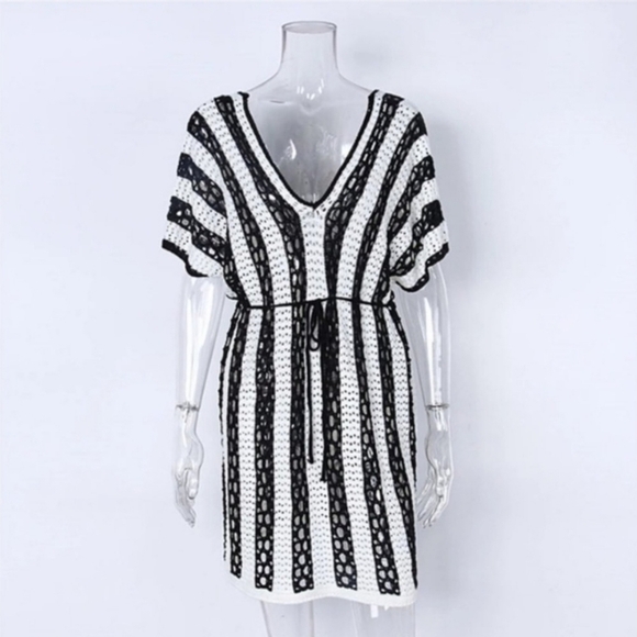 Black and White Crochet Mini Dress Cover Up - Picture 7 of 9